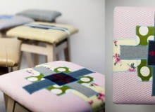 Projekt: Vivienne. Materiał: nogi- dąb lity, olej, siedzisko- resztki tkanin. Projektant: Mariusz Małecki Ziben krzesło, małecki