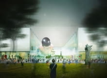 Widok wewnętrznego placu, łączącego Muzeum i Teatr oraz plac Defilad z Parkiem Świętokrzyskim Widok wewnętrznego placu, łączącego Muzeum i Teatr oraz plac Defilad z Parkiem Świętokrzyskim