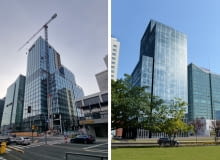 AND2 w Poznaniu. Z lewej - montaż fasady. Z prawej: wizualizacja AND2 w Poznaniu. Z lewej - montaż fasady. Z prawej: wizualizacja