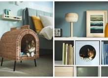 UTSÅDD domek dla kota, na nóżkach 349,- Rattan. S36xG42, W53 cm. 905.708.83 / UTSÅDD domek dla kota 39,99 S33xD38, W33 cm. Szaro-niebieski. 105.708.82 Design dla zwierząt - projekty poprawiające jakość życia czworonogów