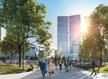 Wizualizacja wieżowca Widok Towers, budowanego z tyłu za Rotundą, na miejscu dawnego biurowca Universal