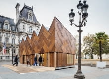 fot. Cyrus Cornut, źródło: encoreheureux.org 21.10.2015. Le Pavillon Circulaire, Hotel de Ville. fait de materiaux essentiellement recupérés. Arch: Encore heureux