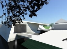 Wizualizacja pływającego pawilonu - uzupełnienia przestrzeni miedzy wyspami Tamka i Piasek.