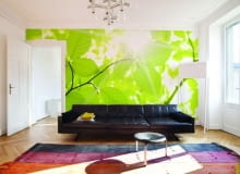 W tym salonie króluje świeża zieleń liści. Fototapeta dostępna w różnych rozmiarach. Wymiary: 200x150 cm, w cenie 486 zł, Dekornik.pl W tym salonie króluje świeża zieleń liści. Fototapeta dostępna w różnych rozmiarach. Wymiary: 200x150 cm, w cenie 486 zł, Dekornik.pl