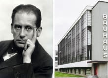 Z lewej: Walter Gropius w 1919 roku / Z prawej: siedziba Bauhausu w Dessau Z lewej: Walter Gropius / Z prawej: siedziba Bauhausu w Dessau