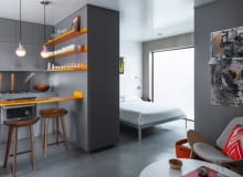 małe mieszkanie, kawalerka, kawalerka w odcieniach szarości
