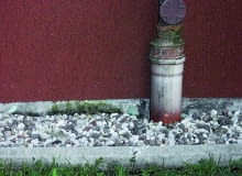 Wilgotny, zielony nalot na rurze spustowej to efekt niewłaściwego odprowadzania wody deszczowej cokół