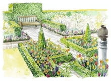 Wiosną rabaty geometryczne mogą zdobić rośliny sezonowe: begonie, żeniszki, pelargonie