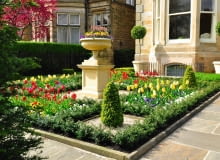 Wiosna w tym ogrodowym zakątku jest malownicza dzięki tulipanom. Kiedy przekwitną, zastąpią je niskie rośliny jednoroczne. Wiosna w tym ogrodowym zakątku jest malownicza dzięki tulipanom. Kiedy przekwitną, zastąpią je niskie rośliny jednoroczne.