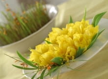 Stroiki i dekoracje wielkanocne. Talerz pełen kwiatów i łączka z kiełkujących zbóż 10.01.2003 WARSZAWA WIELKANOC DEKORACJE STOLU