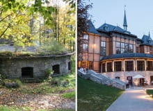 Dworek Gościnny w Szczawnicy. Z lewej - pozostałości starego obiektu. Z prawej - budynek po odbudowie.