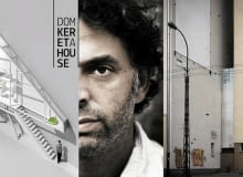 Od lewej: makieta Domu Kereta, autorstwa Jakuba Szczęsnego; Etgar Keret i jego dom w szczelinie między budynkami na ul. Żelaznej Od lewej: makieta Domu Kereta, autorstwa Jakuba Szczęsnego; Etgar Keret i jego dom w szczelinie między budynkami na ul. Żelaznej