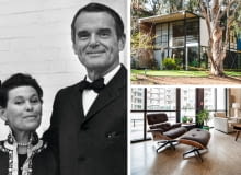 Z lewej: Charles i Ray Eames; Z prawej na górze: Eames House; Z prawej na dole: Lounge Chair Z lewej: Charles i Ray Eames; Z prawej na górze: Eames House; Z prawej na dole: Lounge Chair
