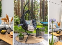 Proste meble w stonowanych kolorach stanowią odpowiednie tło dla wyrazistych poduszek. Drewno i kolor juty ocieplają to miejsce wizualnie, a fioletowe rośliny doniczkowe na tym tle wyglądają efektownie.