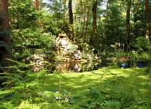 Sadzawka w leśnym ogrodzie. Szmer wody sprzyja leśnym klimatom