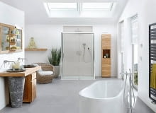 <B>ŁAZIENKA 1. Ekologiczna.</B> Charakteryzuje się neutralnymi kolorami i naturalnymi materiałami wykończeniowymi. Łazienka, aranżacja łazienki, meble łazienkowe