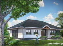 Aktualna wersja projektu Allegro E-19 z nowoczesnym, dynamicznym wejściem. Otwór drzwiowy obudowano zgeometryzowanymi przeszklonymi płaszczyznami realizacja domu, projekt domu