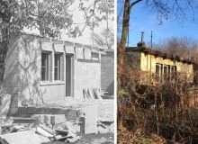 Eksperymentalne domki z gruzobetonu w Warszawie. Z lewej: budowa w 1948 roku; Z prawej: w 2025 roku