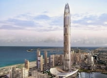 Wieżowiec The Nakheel Tower ma stanąć w Dubaju. Został zaprojektowany przez pracownię Woods Bagot i docelowo ma osiągnąć wysokość ponad 1000 metrów. Gdy powstanie pobije tym samym dotychczasowego rekordzistę - wieżowiec Burj Dubai (818m). Niestety z powodu trudności z finansowaniem inwestycji, jej deweloper - kontrolowana przez rząd ZEA firma Nakheel - zawiesiła realizację. Według oficjalnych informacji wznowienie budowy tego imponującego wieżowca ma nastąpić w przyszłym roku. wieżowce, wieżowiec, kryzys, The Nakheel Tower, Woods Bagot, Dubaj, ZEA
