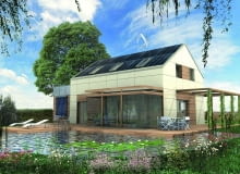 Projekt domu ADD - od strony północnej jego dach pokryty jest trawą. Pergola otaczająca budynek jest w strefie wejścia zabudowana. Komin jest zintegrowany z wiatrakiem o pionowej osi obrotu. Nad garażem znajduje się taras ogrodzony barierką z matowego szkła, na który wychodzi się z sypialni rodziców Projekt domu ADD - od strony północnej jego dach pokryty jest trawą. Pergola otaczająca budynek jest w strefie wejścia zabudowana. Komin jest zintegrowany z wiatrakiem o pionowej osi obrotu. Nad garażem znajduje się taras ogrodzony barierką z matowego szkła, na który wychodzi się z sypialni rodziców