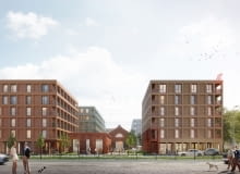 Zabudowa terenu dawnej fabryki Perun przy ul. Grochowskiej 301/305 w Warszawie - widok od strony ul. Grochowskiej. Proj. WWAA