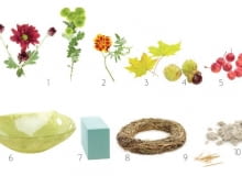 Materiały: 1. chryzantemy gałązkowe; 2. aksamitki (Tagetes); 3. liście klonu (Acer); 4. owoce kasztanowca (Aesculus); 5. rajskie jabłuszka; 6. szklana misa; 7. gąbka florystyczna; 8. słomiany wianek; 9. wykałaczki; 10. piasek Materiały: 1. chryzantemy gałązkowe; 2. aksamitki (Tagetes); 3. liście klonu (Acer); 4. owoce kasztanowca (Aesculus); 5. rajskie jabłuszka; 6. szklana misa; 7. gąbka florystyczna; 8. słomiany wianek; 9. wykałaczki; 10. piasek