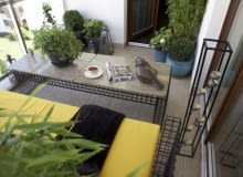 Mały balkon - widok ogólny. Meble balkonowe, bambusy na balkonie Mały balkon - widok ogólny. Meble balkonowe, bambusy na balkonie