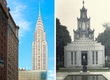 Z lewej: Chrysler Building w Nowym Jorku, z prawej: polski pawilon na wystawę w Paryżu w 1935 rok Z lewej: Chrysler Building w Nowym Jorku, z prawej: polski pawilon na wystawę w Paryżu w 1935 rok