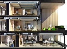 Wnętrza firmy urządzili projektanci z Ultra Architects. - Inspiracją dla stworzenia projektu wnętrz była dla nas bryła budynku. Wewnętrzna przestrzeń wspólna, jest odbiciem zewnętrznej fasady obiektu - mówią o budynku architekci Wnętrze siedziby Allegro zaprojektował zespół Ultra Architects