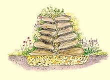 Skalniaki. Wolno stojący murek kwiatowy budujemy z płaskich skałek, pochylonych w kierunku środka. Trzeba je tak układać, by wewnątrz konstrukcji powstała pionowa rynna odprowadzająca wodę SKALNIAK, ogródek skalny, PROJEKT SUCHEGO MURKU