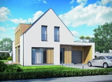 Podoba mi się zestaw materiałów wykończeniowych: jasne tynki, grafitowe dachówki oraz drewniana okładzina. Wybierając szare drzwi i bramę garażową, warto zadbać o dopasowanie do nich reszty stolarki - szare profile najlepiej podkreślą współczesny charakter domu. Podoba mi się zestaw materiałów wykończeniowych: jasne tynki, grafitowe dachówki oraz drewniana okładzina. Wybierając szare drzwi i bramę garażową, warto zadbać o dopasowanie do nich reszty stolarki - szare profile najlepiej podkreślą współczesny charakter domu.