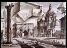 Kaprys architektoniczny. Forum Romanum albo Dwa Światy I projekt scenografii piórko, pędzel, tusz chiński, akwarela, papier do akwareli na krośnie, 2013 Kaprys architektoniczny. Forum Romanum albo Dwa Światy I projekt scenografii piórko, pędzel, tusz chiński, akwarela, papier do akwareli na krośnie, 2013