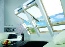 Okno FDY-V Duet proSky, z dwoma skrzydłami w jednej ościeżnicy: górne ma podwyższoną oś obrotu, dolne jest nieotwierane i wyposażone w szybę laminowaną Okno FDY-V Duet proSky, z dwoma skrzydłami w jednej ościeżnicy: górne ma podwyższoną oś obrotu, dolne jest nieotwierane i wyposażone w szybę laminowaną