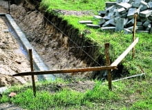 Wytyczanie fundamentu: osie geometryczne domu zaznaczone za pomocą ław drutowych (drutu rozpiętego równolegle do osi ławy) ława drutowa, fundamenty