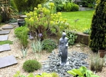 Lustra stwarzają iluzję dodatkowej przestrzeni. Wypolerowana metalowa kula pełni podobną funkcję jak płaskie lustro. W tym niewielkim ogrodzie jest też jedną z bardziej wyrazistych dekoracji Small well designed town garden with sculpture - Queens Gate, Bristol