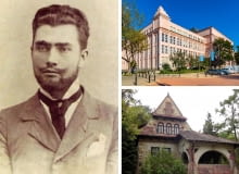 Z lewej: Jan Koszczyc Witkiewicz; Z prawej na górze:  Gmach Główny SGH w Warszawie; Z prawej na dole: Ochronka w Nałęczowie