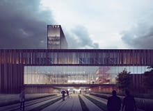 Strefa głównego wejścia z placem publicznym i otwartym dziedzińcem.