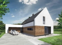 Widok domu od frontu. W głębi widać wjazd do garażu dom jednorodzinny, projekt na zamówienie