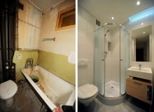 Wcześniej w łazience była dość duża wanna. Teraz zamiast wanny jest kabina prysznicowa, dzięki czemu udało się zmieścić jeszcze umywalkę z szafką. Przed remontem łazienka i kuchnia posiadały wspólne okno, które postanowiono zlikwidować. remont łazienki, mała łazienka, metamorfoza wnętrza