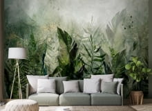 Fototapeta W porannej rosie - pejzaż liści na zielonym tle Nr 144492