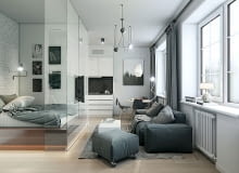 Małe mieszkanie w beżach i szarościach - 32 m kw. Salon z wydzieloną sypialnią. małe mieszkanie, szarości w mieszkaniu, projekt małego mieszkania, jak urządzić małe mieszkanie