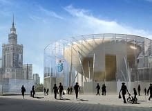 STYCZEŃ. Nowy projekt warszawskiej rotundy banku PKO BP. Pochodzący z lat 60. okrągły pawilonu projektu Zbigniewa Karpińskiego wpisał się już w narożnik Marszałkowskiej i Alei Jerozolimskich. Bankowcy chcą jednak jego liftingu. Na zdjęciu koncepcja nowej rotundy, która wygrała w zamkniętym konkursie ogłoszonym przez bank. Projekt gdańskiej pracowni KD Kozikowski Design zakłada ożywienie baku dodatkową funkcją - ma mieć na piętrze sporą restaurację z kawiarnią. Ratusz zgadza się na zmianę pawilonu, jednak historycy sztuki pytają po co burzyć pawilon, który jest ikoną architektury PRL-U. podsumowanie, bryła
