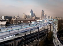 Widok SkyCycle ponad linią kolejową w Londynie SkyCycle, Londyn, Foster + Partners