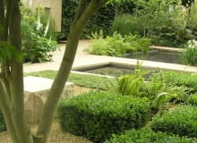 W uporządkowanym ogrodzie rabaty wypełnione zostały sielską roślinnością. Do tego dodano kilka okazów droższych strzyżonych bukszpanów. ogród, ogrody, rośliny