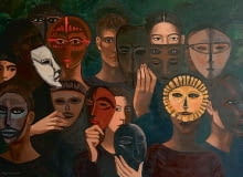 Ludzie i maski, 2014 r., 80 x 100 cm, olej/płótno Katarzyna Karpowicz, obrazy