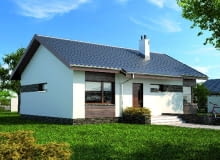 Wizualizacja elewacji frontowej, wykończona tynkiem i okładziną z drewna projekt domu