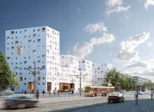 Budynek mieszkalny TBS u zbiegu Grójeckiej i ul. Banacha w Warszawie, proj. JEMS Architekci Budynek mieszkalny TBS u zbiegu Grójeckiej i ul. Banacha w Warszawie, proj. JEMS Architekci