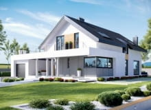 Dom składa się z głównej bryły, w której znajdują się pomieszczenia mieszkalne i wolno stojącego gatażu projekty domów jednorodzinnych