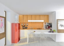 Kuchnia: Znalezienie schowka na małe AGD bywa kłopotliwe. Urządzenia stojące na blacie roboczym przeszkadzają w pracy i robią wrażenie bałaganu; gdy są ukryte w szafce, musimy za każdym razem wyjmować je i chować. Zapytaliśmy naszych projektantów, co zrobić, żeby drobne sprzęty były łatwo dostępne, ale nie zabierały miejsca na blacie. <BR > Schowkiem na podręczne AGD (np. blender, frytkownicę, toster) jest w tu szafka typu cargo zbudowana w sąsiedztwie wysokiej zabudowy. Po wysunięciu swobodnie mieści się pomiędzy blatem roboczym a szafkami wiszącymi. Zamiast metalowych półek-koszy, najczęściej spotykanych w cargo, ma łatwo dostępne pełne półki (zrobione z płyty meblowej). Szafka może wysuwać się na prowadnicach, ale praktyczniejsze i wygodniejsze będą przytwierdzone od spodu rolki. Kupimy je w supermarketach budowlanych (pamiętajmy o dopasowaniu rolek do obciążenia szafki). Kuchnia: Znalezienie schowka na małe AGD bywa kłopotliwe. Urządzenia stojące na blacie roboczym przeszkadzają w pracy i robią wrażenie bałaganu; gdy są ukryte w szafce, musimy za każdym razem wyjmować je i chować. Zapytaliśmy naszych projektantów, co zrobić, żeby drobne sprzęty były łatwo dostępne, ale nie zabierały miejsca na blacie. <BR > Schowkiem na podręczne AGD (np. blender, frytkownicę, toster) jest w tu szafka typu cargo zbudowana w sąsiedztwie wysokiej zabudowy. Po wysunięciu swobodnie mieści się pomiędzy blatem roboczym a szafkami wiszącymi. Zamiast metalowych półek-koszy, najczęściej spotykanych w cargo, ma łatwo dostępne pełne półki (zrobione z płyty meblowej). Szafka może wysuwać się na prowadnicach, ale praktyczniejsze i wygodniejsze będą przytwierdzone od spodu rolki. Kupimy je w supermarketach budowlanych (pamiętajmy o dopasowaniu rolek do obciążenia szafki).