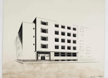 Andrzej Nitsch, projekt małego hotelu, widok perspektywiczny, praca studencka, ok. 1930, tusz na kartonie, zbiory Muzeum Architektury we Wrocławiu Andrzej Nitsch, projekt małego hotelu, widok perspektywiczny, praca studencka, ok. 1930, tusz na kartonie, zbiory Muzeum Architektury we Wrocławiu